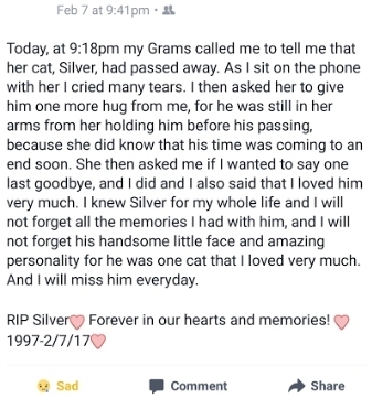 Mya's eulogy to Silver on her Facebook page